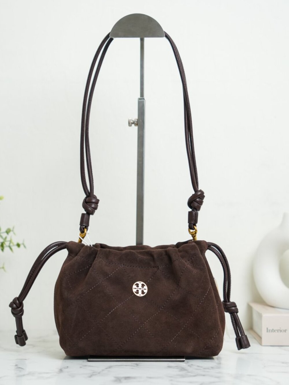 Tory Burch Willa Suede Small Drawstring Shoulder Crossbody Bag In Dark Cocoa NWT - Picture 3 of 11